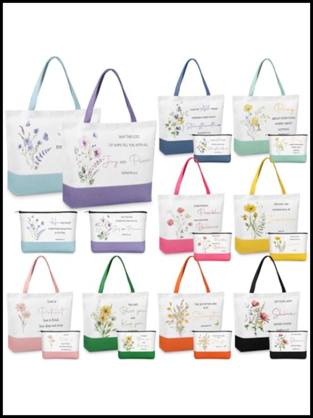 Canvas Tote Bag Set 20 Pc Christian Bible Verse Makeup Pouches Reusable Grocery